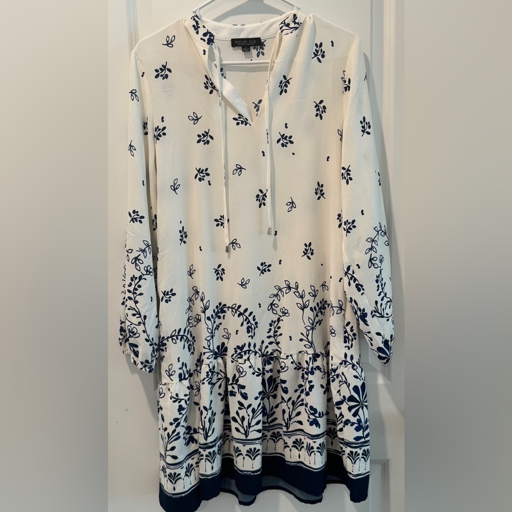 Rachel Zoe Blue White Floral Border Print Tunic Dress Size S *HOST PICK* - Picture 3 of 10